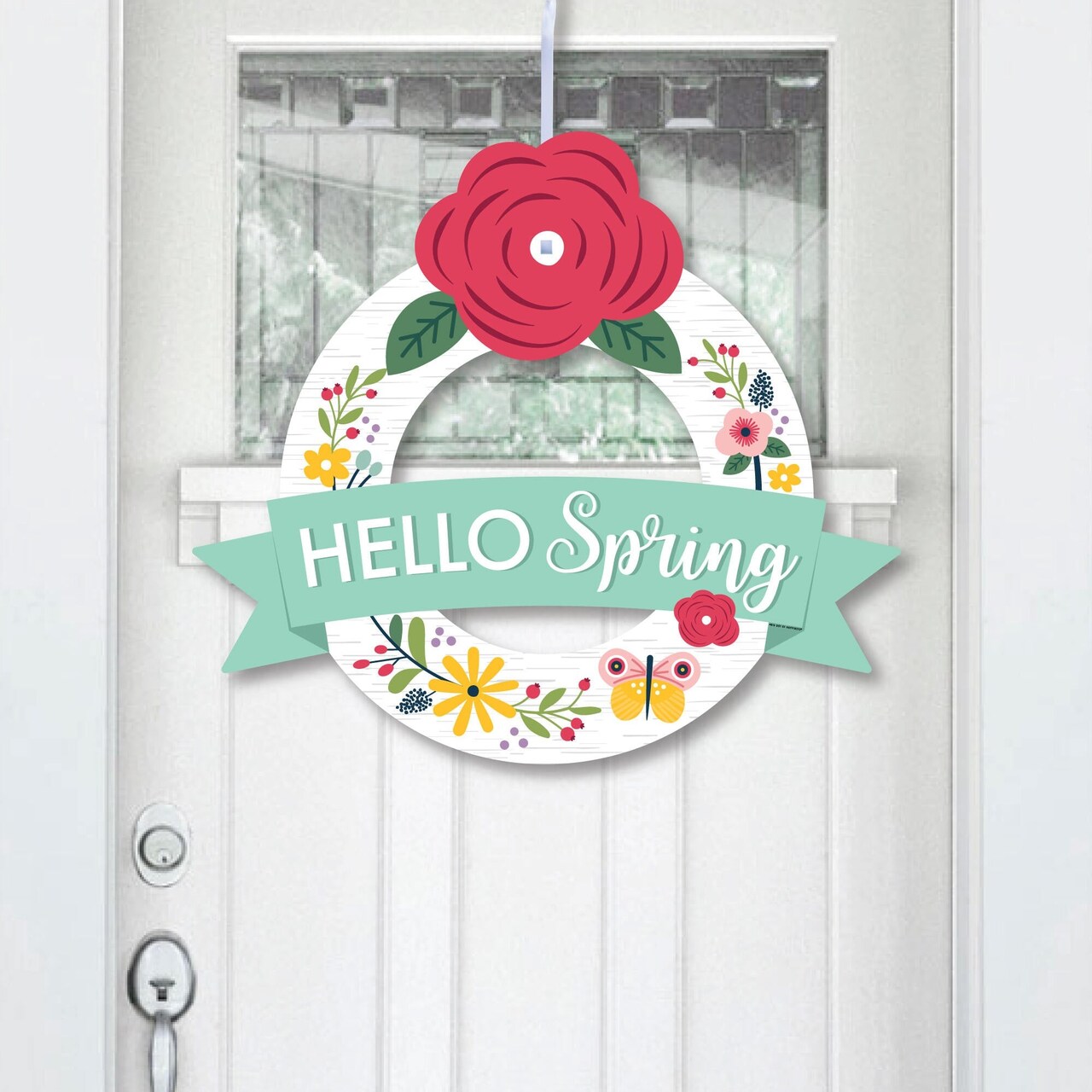 Big Dot of Happiness Hello Spring - Outdoor Floral Decor - Front Door Wreath